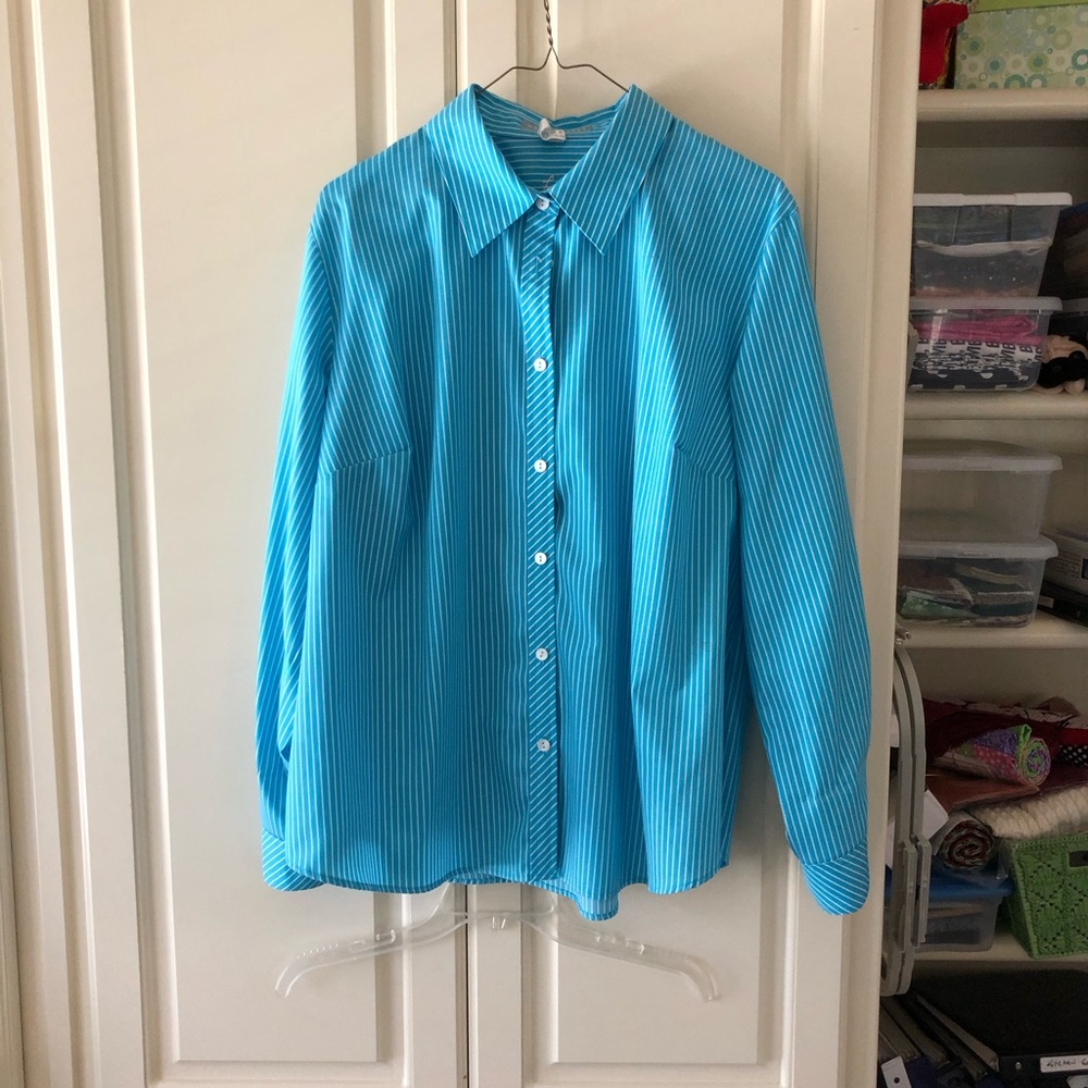 Foxcroft turquoise and white striped blouse